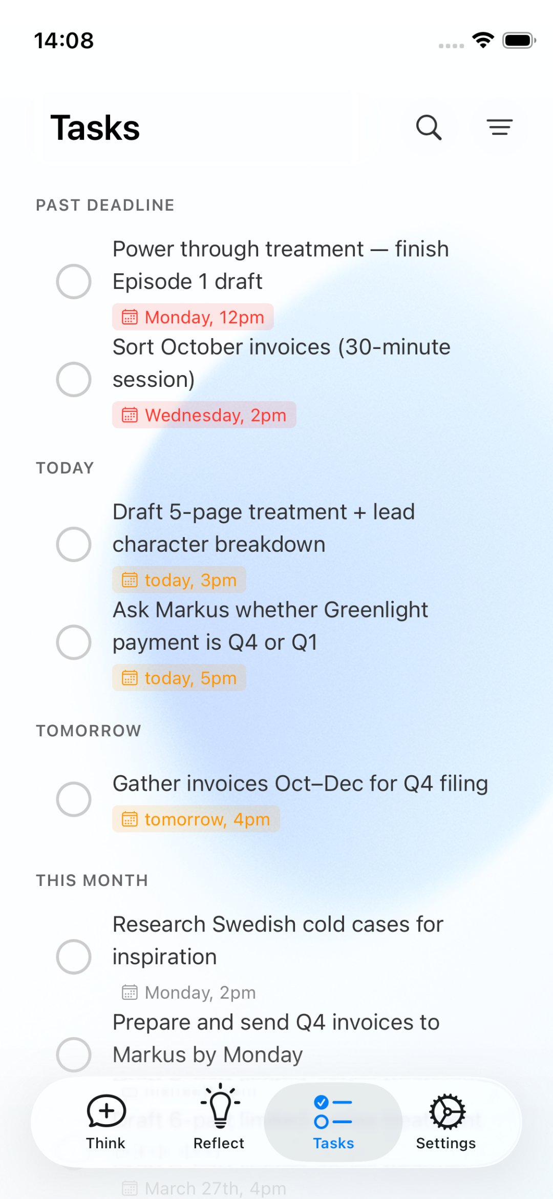 Levin tasks screen